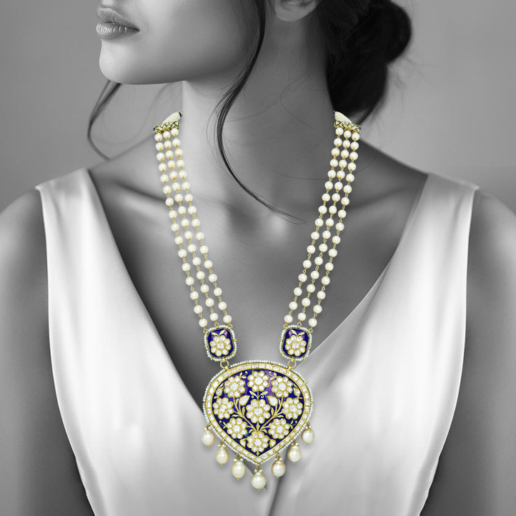 Pearl Strand Necklace with Blue Meena Polki Floral Pendant